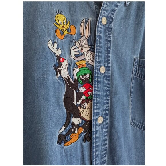 Vintage Y2K Warner Bros Looney Tunes embroidered denim button down shirt - Picture 2 of 9